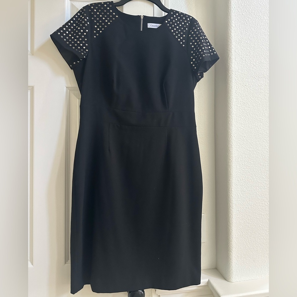 Calvin Klein black shift dress cap sleeves silver accents